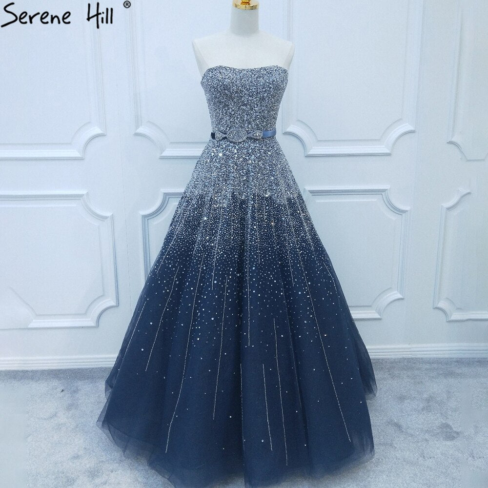 Blue Luxury Strapless Evening Dresses Gowns 2025 Beaded Bling A-Line Luxury For Women Party LA71157