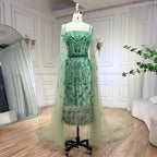 Vestido de noche azul sirena hasta los tobillos con plumas y cuentas, con capa LA71841A