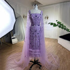 Vestido de noche azul sirena hasta los tobillos con plumas y cuentas, con capa LA71841A