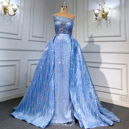 Blaue Meerjungfrau rückenfreie Abendkleider Kleider 2025 Luxus Perlen Elegante abnehmbare Rock für Frau Party LA71665 