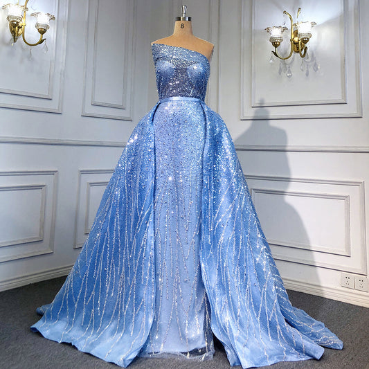 Blaue Meerjungfrau rückenfreie Abendkleider Kleider 2025 Luxus Perlen Elegante abnehmbare Rock für Frau Party LA71665 