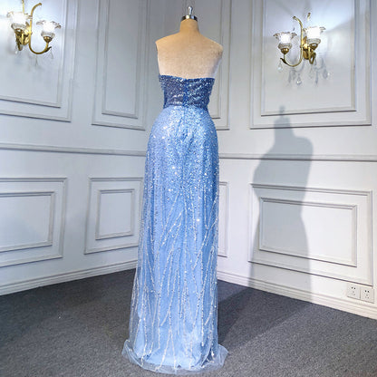 Blaue Meerjungfrau rückenfreie Abendkleider Kleider 2025 Luxus Perlen Elegante abnehmbare Rock für Frau Party LA71665 