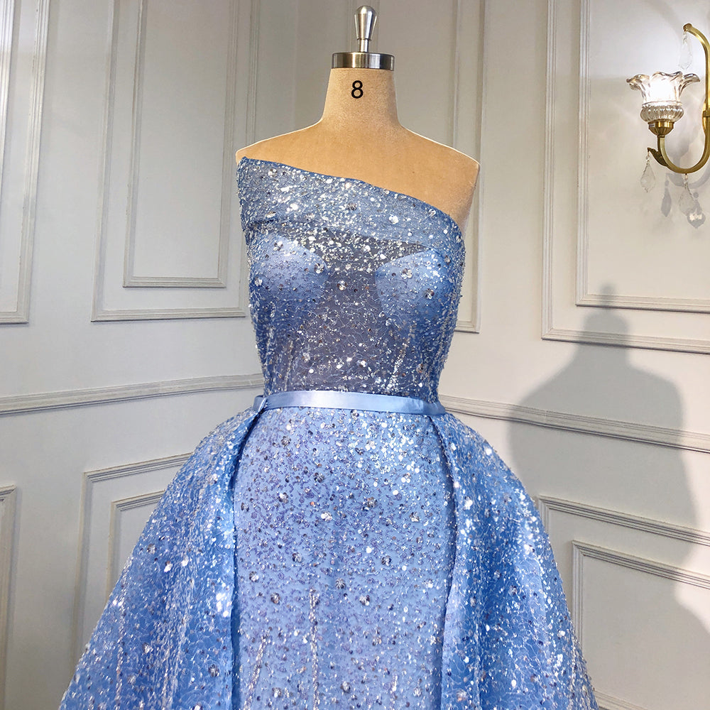Blaue Meerjungfrau rückenfreie Abendkleider Kleider 2025 Luxus Perlen Elegante abnehmbare Rock für Frau Party LA71665 