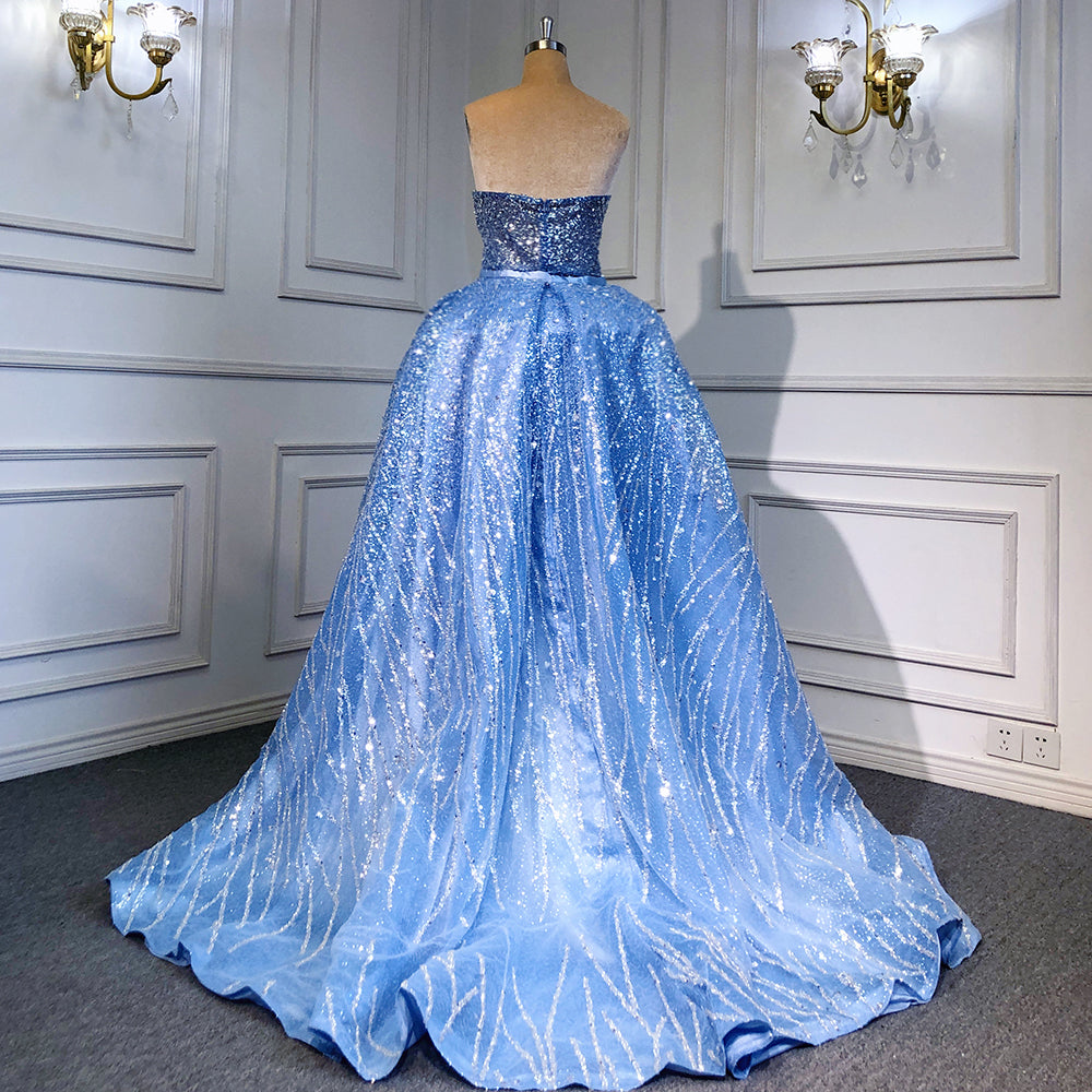 Blaue Meerjungfrau rückenfreie Abendkleider Kleider 2025 Luxus Perlen Elegante abnehmbare Rock für Frau Party LA71665 