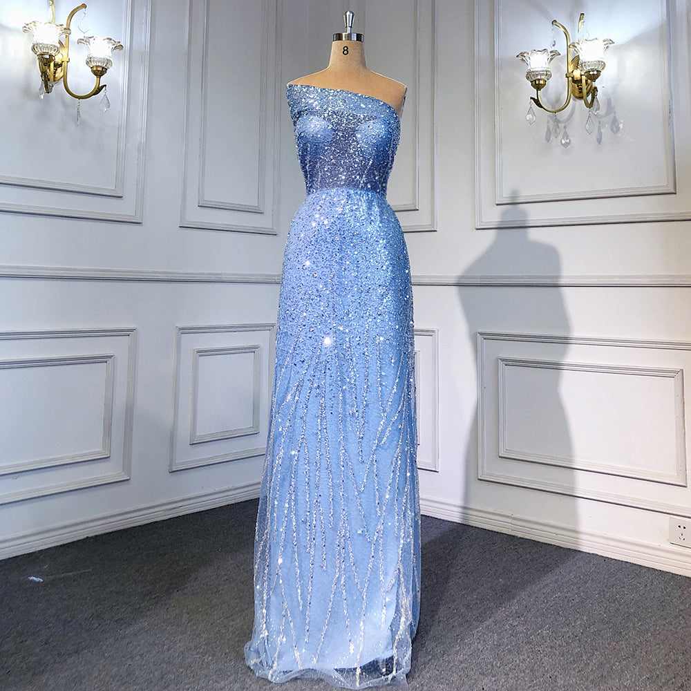Blaue Meerjungfrau rückenfreie Abendkleider Kleider 2025 Luxus Perlen Elegante abnehmbare Rock für Frau Party LA71665 