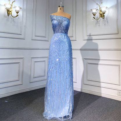 Blaue Meerjungfrau rückenfreie Abendkleider Kleider 2025 Luxus Perlen Elegante abnehmbare Rock für Frau Party LA71665 