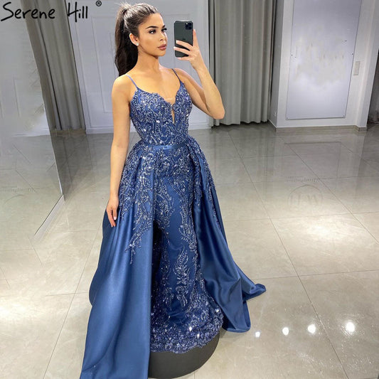 Blaue Meerjungfrau Abnehmbarer Rock Abendkleider Kleider 2025 Perlen Luxus Elegant Für Frauen Party LA71179 