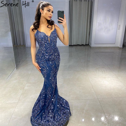 Blaue Meerjungfrau Abnehmbarer Rock Abendkleider Kleider 2025 Perlen Luxus Elegant Für Frauen Party LA71179 