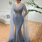 Blaue Meerjungfrau Elegante Cape-Ärmel Perlen Arabisch Lange Abendkleider Kleider Für Frauen Hochzeit Party 2025 LA72173 