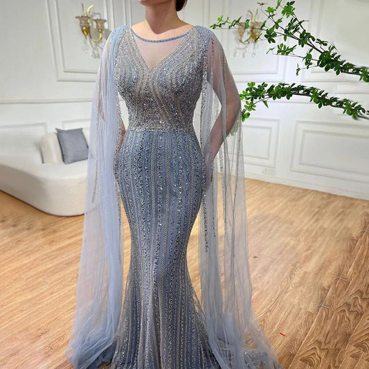 Blaue Meerjungfrau Elegante Cape-Ärmel Perlen Arabisch Lange Abendkleider Kleider Für Frauen Hochzeit Party 2025 LA72173 