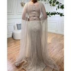 Blaue Meerjungfrau Elegante Cape-Ärmel Perlen Arabisch Lange Abendkleider Kleider Für Frauen Hochzeit Party 2025 LA72173 