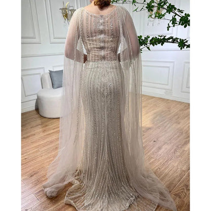 Blaue Meerjungfrau Elegante Cape-Ärmel Perlen Arabisch Lange Abendkleider Kleider Für Frauen Hochzeit Party 2025 LA72173 