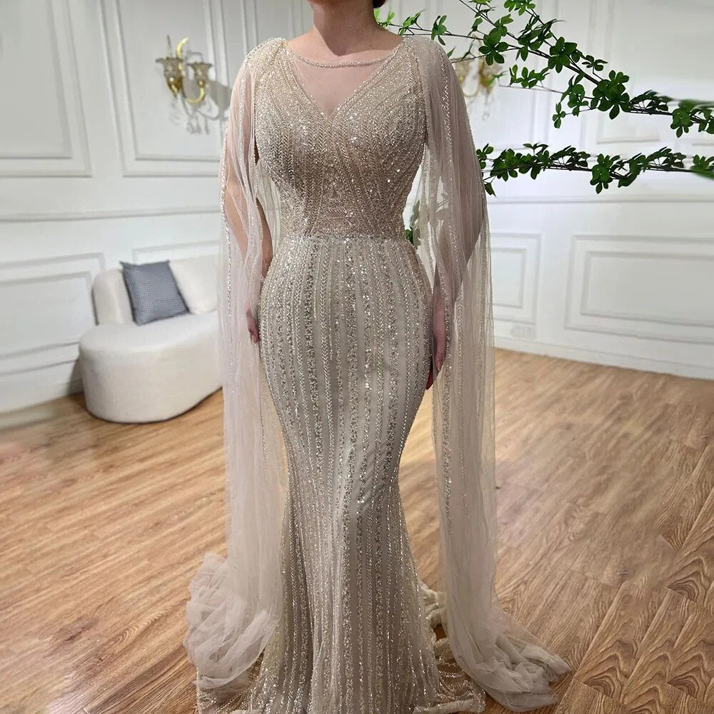 Blaue Meerjungfrau Elegante Cape-Ärmel Perlen Arabisch Lange Abendkleider Kleider Für Frauen Hochzeit Party 2025 LA72173 