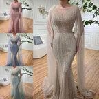 Blaue Meerjungfrau Elegante Cape-Ärmel Perlen Arabisch Lange Abendkleider Kleider Für Frauen Hochzeit Party 2025 LA72173 