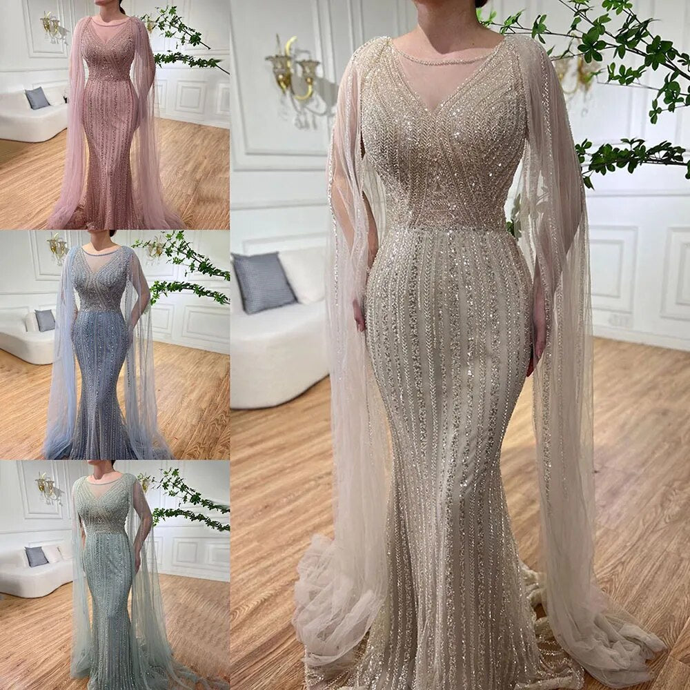 Blaue Meerjungfrau Elegante Cape-Ärmel Perlen Arabisch Lange Abendkleider Kleider Für Frauen Hochzeit Party 2025 LA72173 