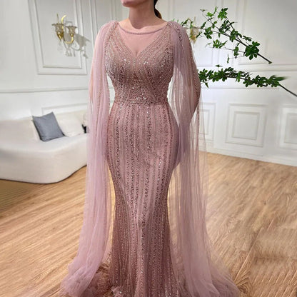 Blaue Meerjungfrau Elegante Cape-Ärmel Perlen Arabisch Lange Abendkleider Kleider Für Frauen Hochzeit Party 2025 LA72173 