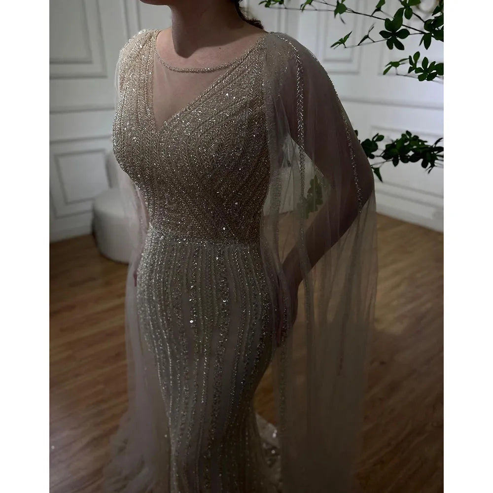 Blaue Meerjungfrau Elegante Cape-Ärmel Perlen Arabisch Lange Abendkleider Kleider Für Frauen Hochzeit Party 2025 LA72173 