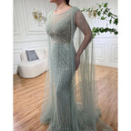 Blaue Meerjungfrau Elegante Cape-Ärmel Perlen Arabisch Lange Abendkleider Kleider Für Frauen Hochzeit Party 2025 LA72173 