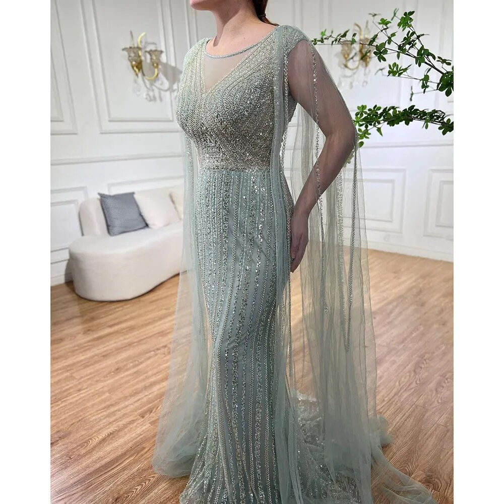 Blaue Meerjungfrau Elegante Cape-Ärmel Perlen Arabisch Lange Abendkleider Kleider Für Frauen Hochzeit Party 2025 LA72173 