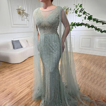 Blaue Meerjungfrau Elegante Cape-Ärmel Perlen Arabisch Lange Abendkleider Kleider Für Frauen Hochzeit Party 2025 LA72173 