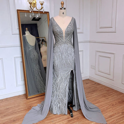 Blaue Meerjungfrau Elegante Cape-Ärmel Luxus Perlen Feder Abendkleider Kleider 2025 Für Frauen Party LA71583A 