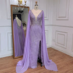 Blaue Meerjungfrau Elegante Cape-Ärmel Luxus Perlen Feder Abendkleider Kleider 2025 Für Frauen Party LA71583A 