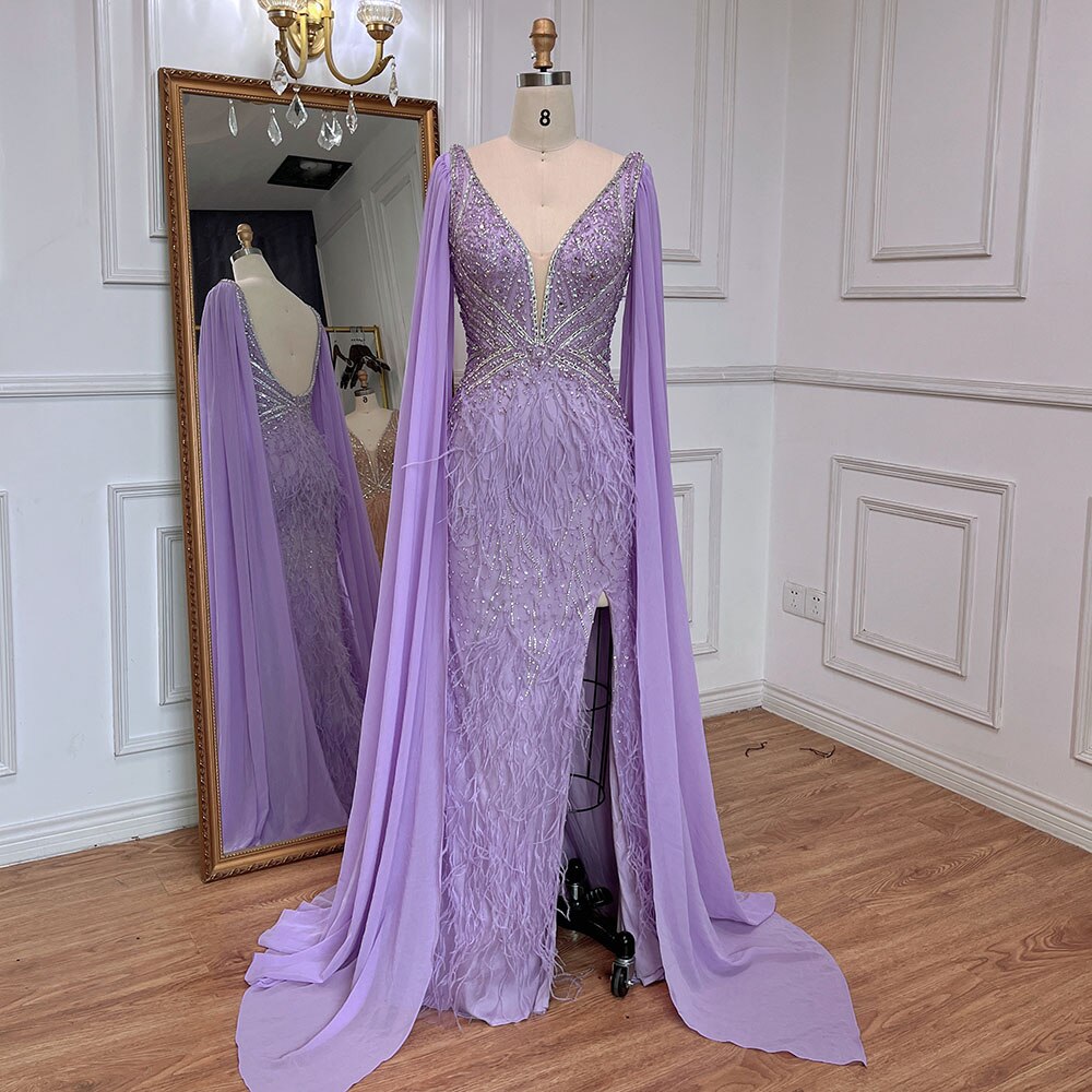 Blaue Meerjungfrau Elegante Cape-Ärmel Luxus Perlen Feder Abendkleider Kleider 2025 Für Frauen Party LA71583A 