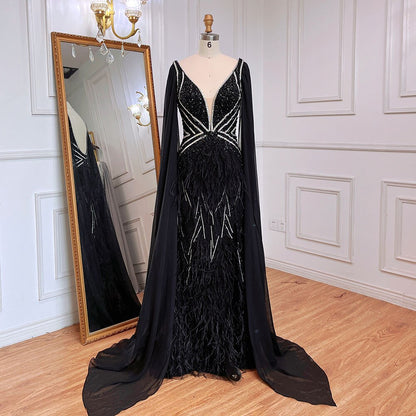 Blaue Meerjungfrau Elegante Cape-Ärmel Luxus Perlen Feder Abendkleider Kleider 2025 Für Frauen Party LA71583A 