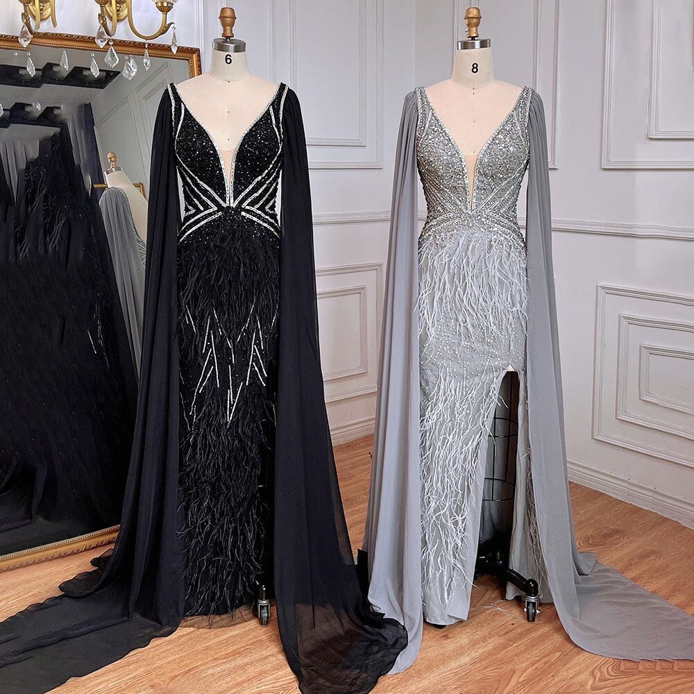Blaue Meerjungfrau Elegante Cape-Ärmel Luxus Perlen Feder Abendkleider Kleider 2025 Für Frauen Party LA71583A 