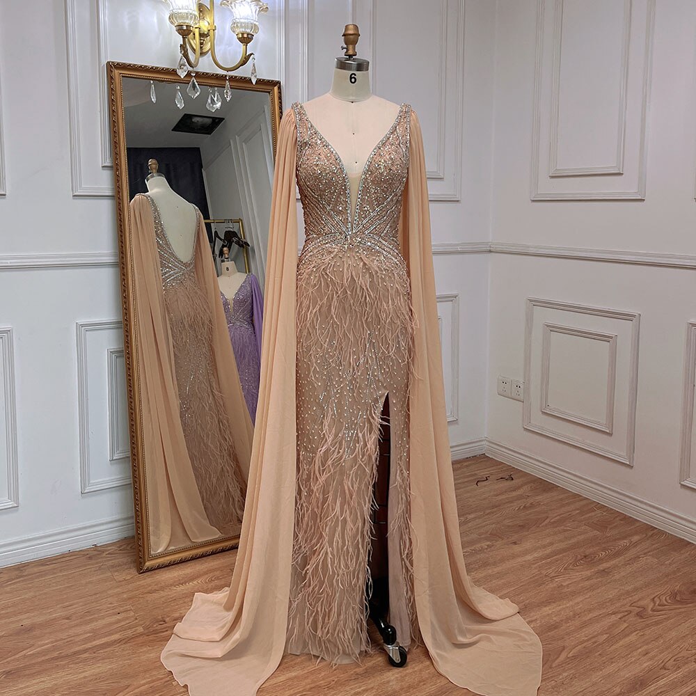 Blaue Meerjungfrau Elegante Cape-Ärmel Luxus Perlen Feder Abendkleider Kleider 2025 Für Frauen Party LA71583A 