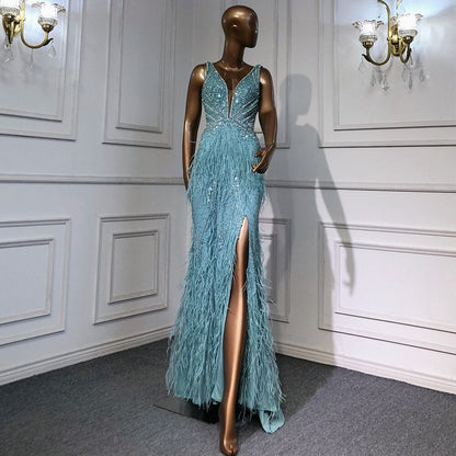 Blaue Meerjungfrau Elegante Cape-Ärmel Luxus Perlen Feder Abendkleider Kleider 2025 Für Frauen Party LA71583A 