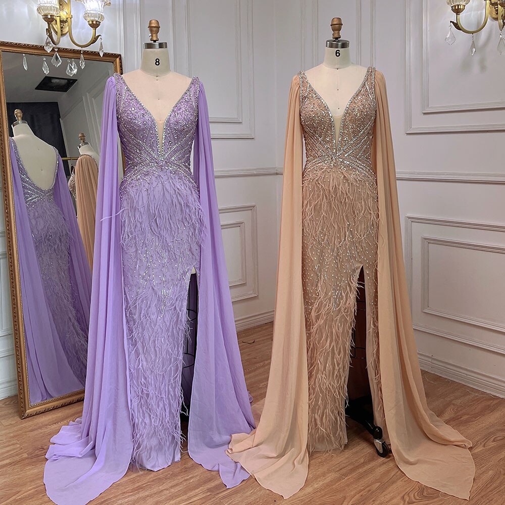 Blaue Meerjungfrau Elegante Cape-Ärmel Luxus Perlen Feder Abendkleider Kleider 2025 Für Frauen Party LA71583A 