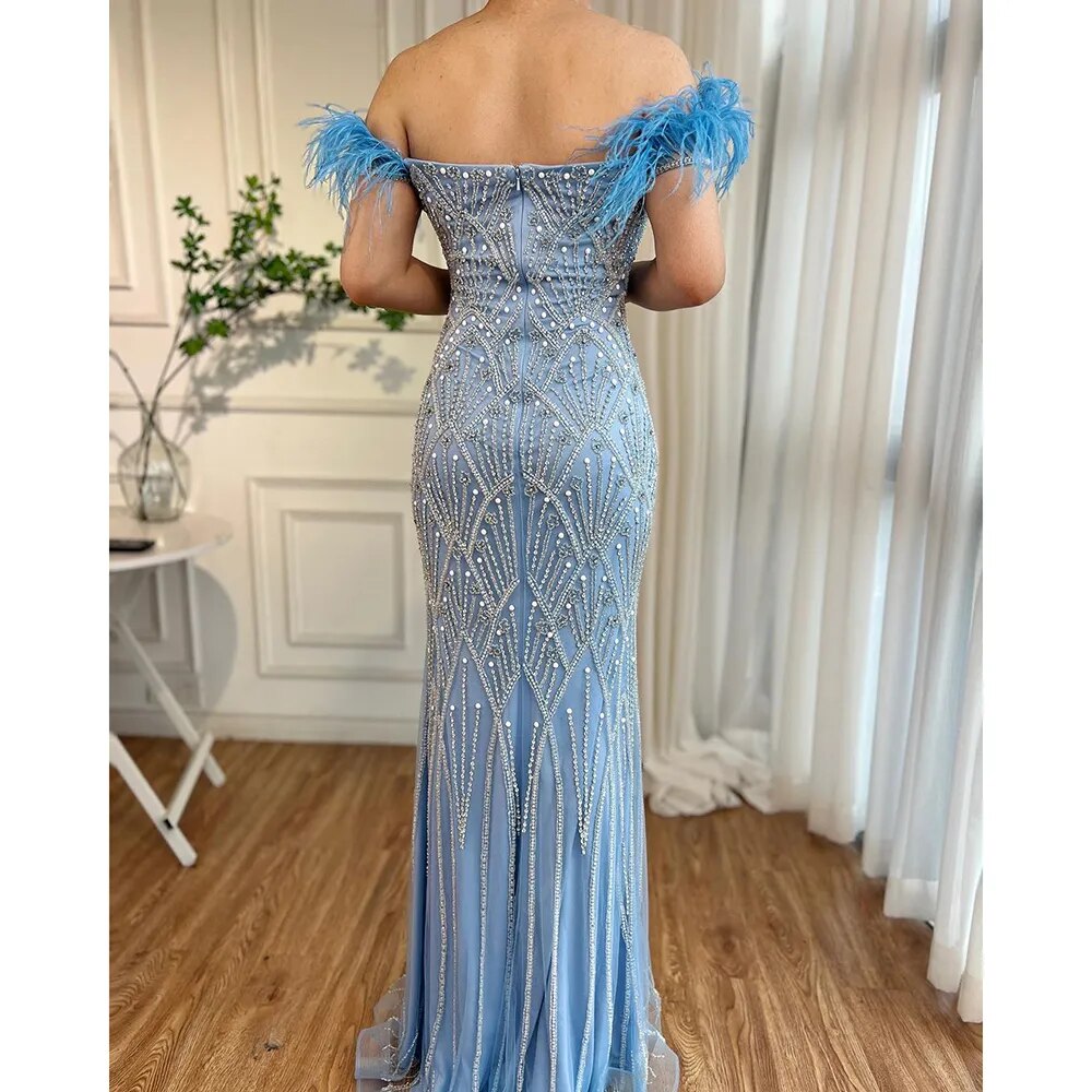 Blaue Meerjungfrau Elegante Schulterfrei Feder Perlen Abendkleider Lange 2025 Für Frauen Party LA72028 