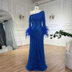 Blaues Meerjungfrauen-Abendkleid mit einer Schulter und Perlen und Federn, luxuriös, für Damen, Hochzeitsfeier 2025, LA72395 