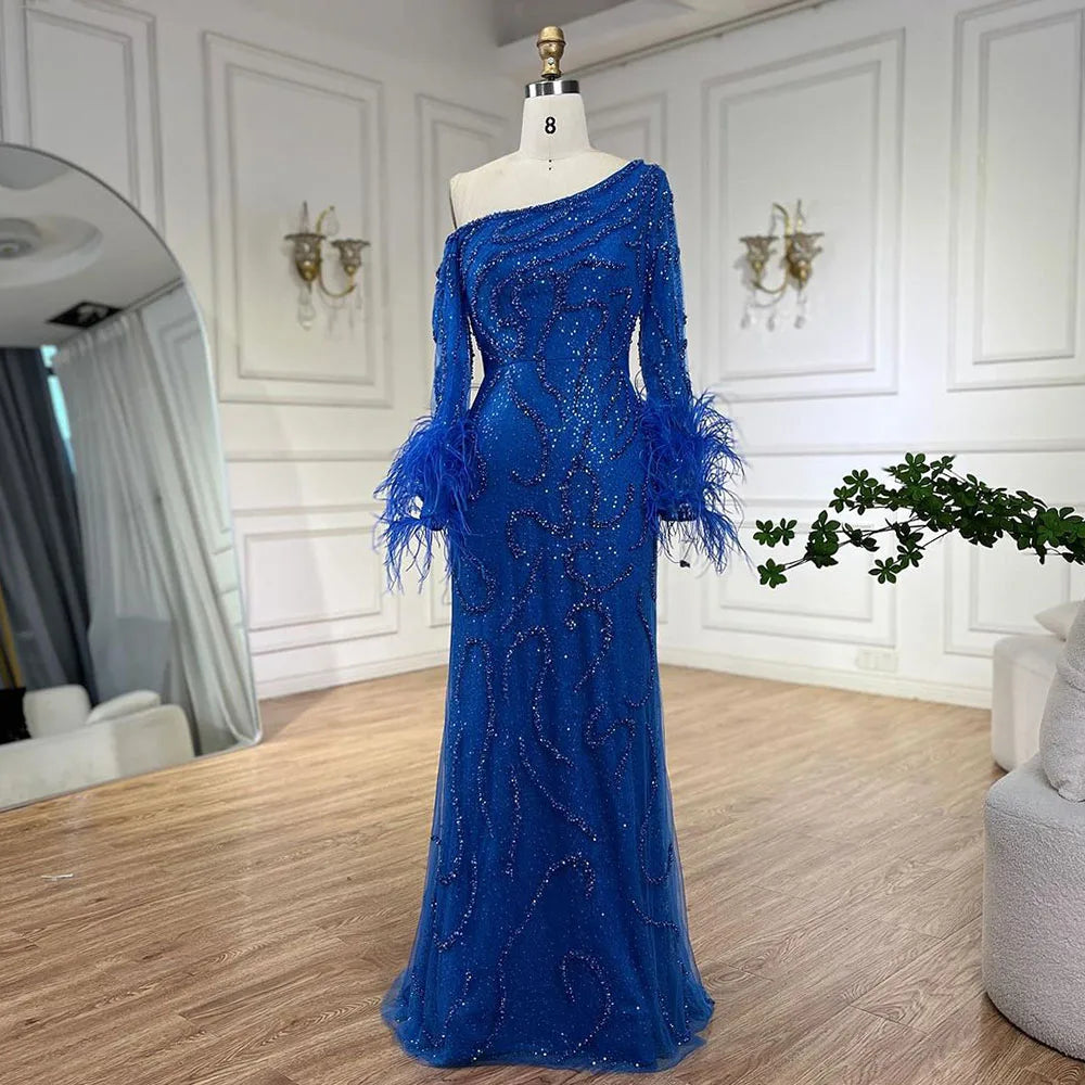 Blaues Meerjungfrauen-Abendkleid mit einer Schulter und Perlen und Federn, luxuriös, für Damen, Hochzeitsfeier 2025, LA72395 