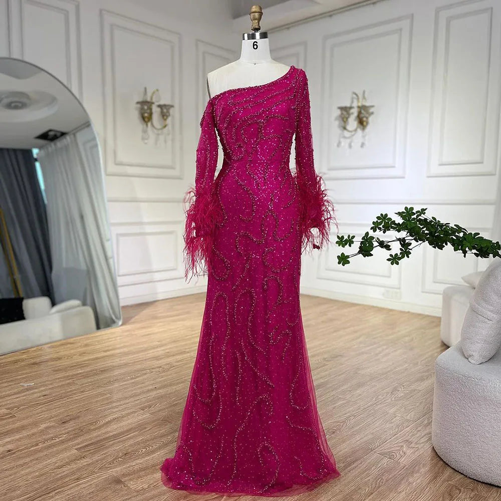 Blaues Meerjungfrauen-Abendkleid mit einer Schulter und Perlen und Federn, luxuriös, für Damen, Hochzeitsfeier 2025, LA72395 