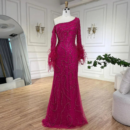 Blaues Meerjungfrauen-Abendkleid mit einer Schulter und Perlen und Federn, luxuriös, für Damen, Hochzeitsfeier 2025, LA72395 