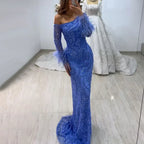 Blaues Meerjungfrauen-Abendkleid mit einer Schulter und Perlen und Federn, luxuriös, für Damen, Hochzeitsfeier 2025, LA72395 