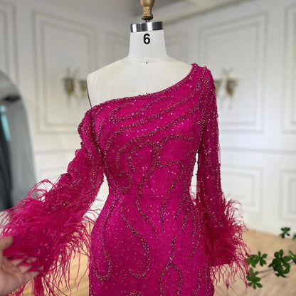 Blaues Meerjungfrauen-Abendkleid mit einer Schulter und Perlen und Federn, luxuriös, für Damen, Hochzeitsfeier 2025, LA72395 