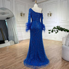 Blaues Meerjungfrauen-Abendkleid mit einer Schulter und Perlen und Federn, luxuriös, für Damen, Hochzeitsfeier 2025, LA72395 