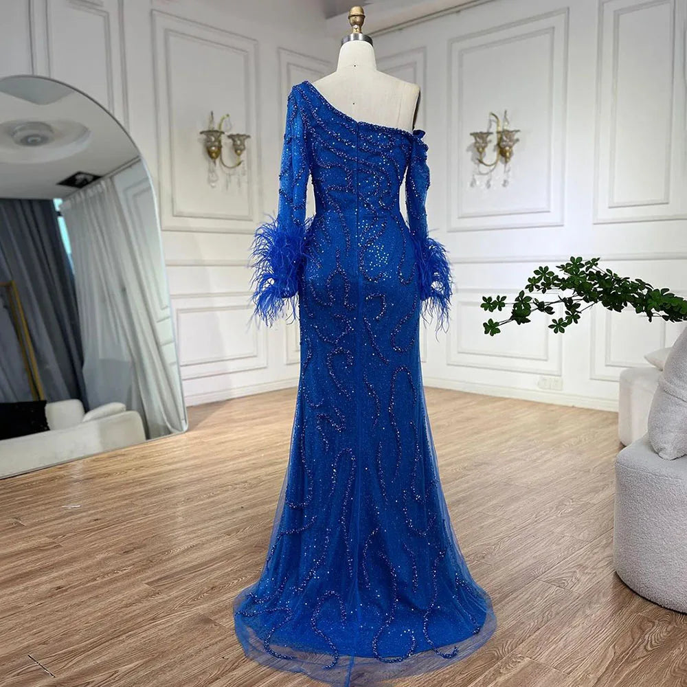Blaues Meerjungfrauen-Abendkleid mit einer Schulter und Perlen und Federn, luxuriös, für Damen, Hochzeitsfeier 2025, LA72395 