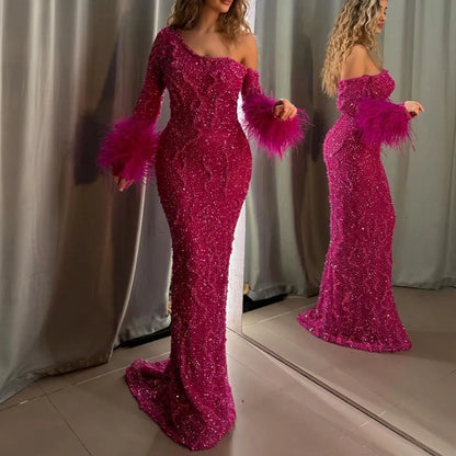Blaues Meerjungfrauen-Abendkleid mit einer Schulter und Perlen und Federn, luxuriös, für Damen, Hochzeitsfeier 2025, LA72395 