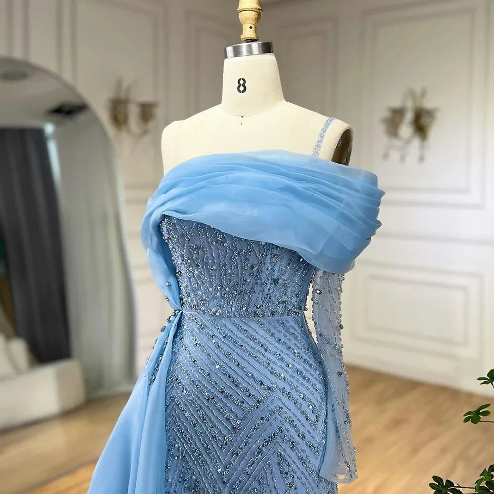 Blau Meerjungfrau Elegant Eine Schulter Abendkleider Kleider Luxus Perlen Perlen Für Frauen Hochzeit Party 2025 LA72244 
