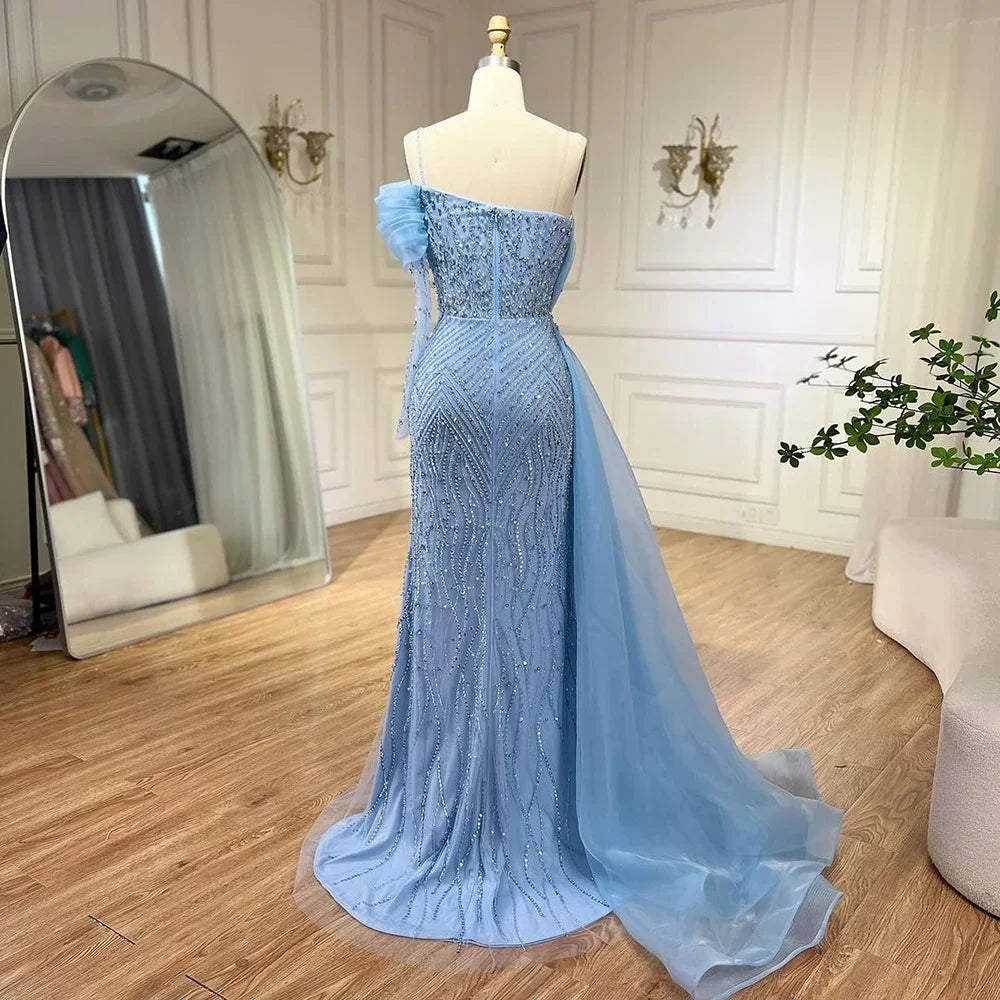Blau Meerjungfrau Elegant Eine Schulter Abendkleider Kleider Luxus Perlen Perlen Für Frauen Hochzeit Party 2025 LA72244 