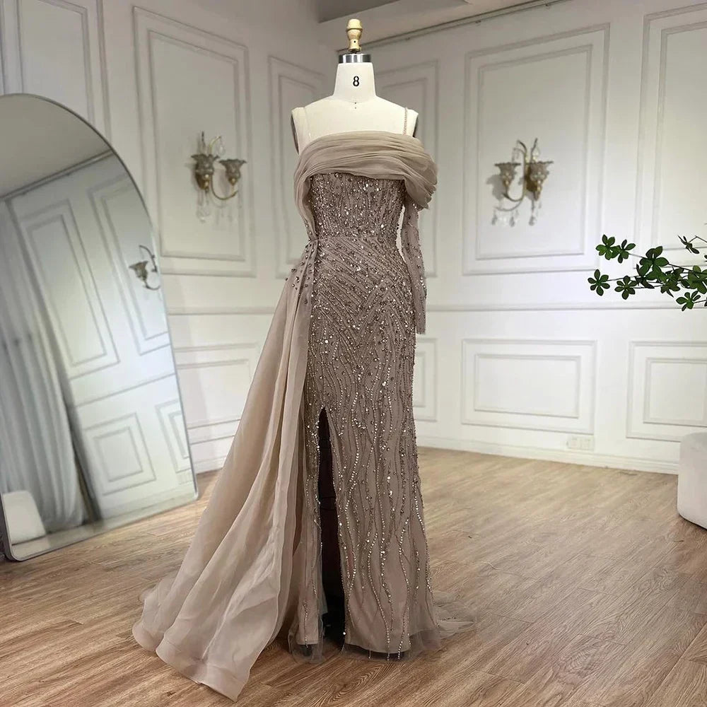 Blau Meerjungfrau Elegant Eine Schulter Abendkleider Kleider Luxus Perlen Perlen Für Frauen Hochzeit Party 2025 LA72244 