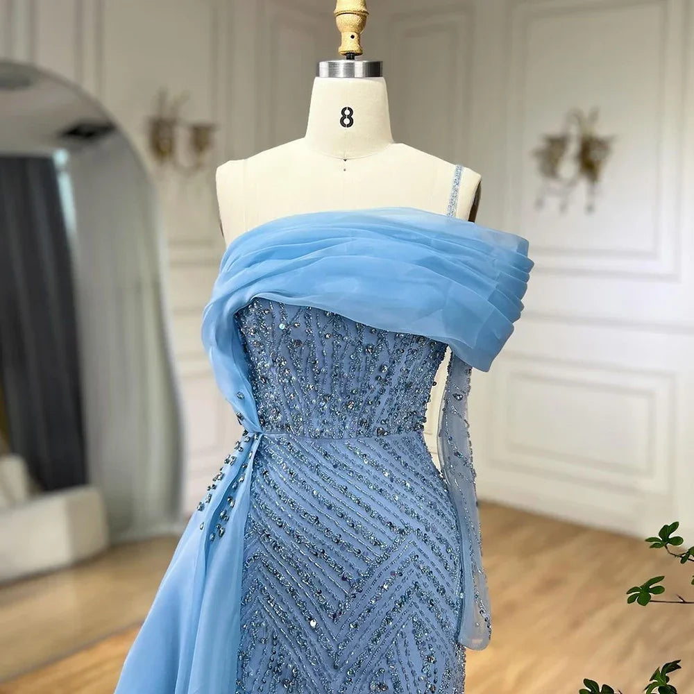 Blau Meerjungfrau Elegant Eine Schulter Abendkleider Kleider Luxus Perlen Perlen Für Frauen Hochzeit Party 2025 LA72244 