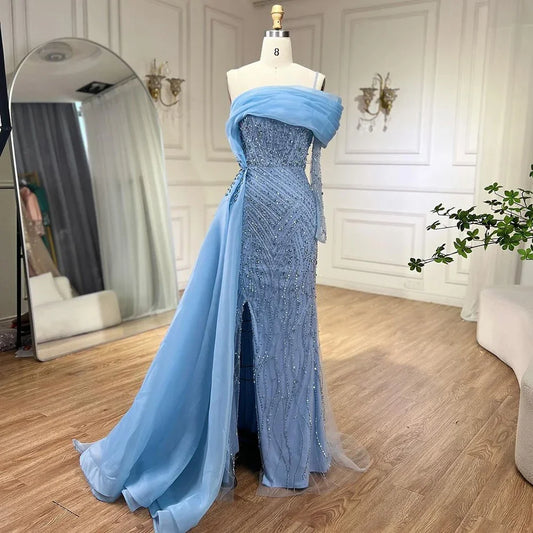 Blau Meerjungfrau Elegant Eine Schulter Abendkleider Kleider Luxus Perlen Perlen Für Frauen Hochzeit Party 2025 LA72244 