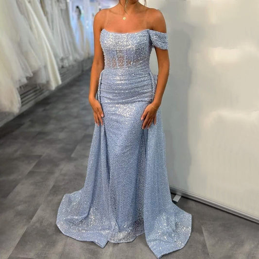 Vestido de noche elegante, sexy, de sirena azul con hombros descubiertos y sobrefalda con cuentas, para mujer, fiesta, LA71729 