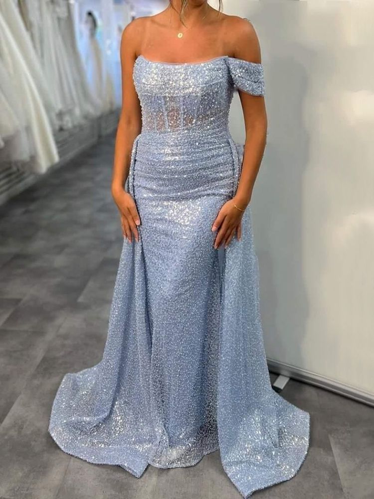 Vestido de noche elegante, sexy, de sirena azul con hombros descubiertos y sobrefalda con cuentas, para mujer, fiesta, LA71729 