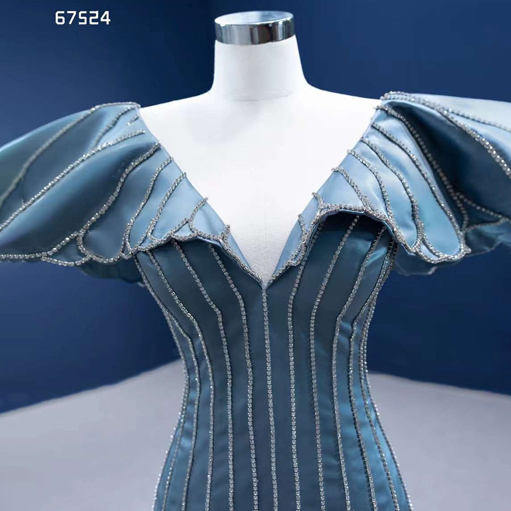 Elegante vestido de noche azul sirena con escote en V y cuentas de lujo para mujer, para fiesta 2025, de alta gama, hecho a medida HM67524 